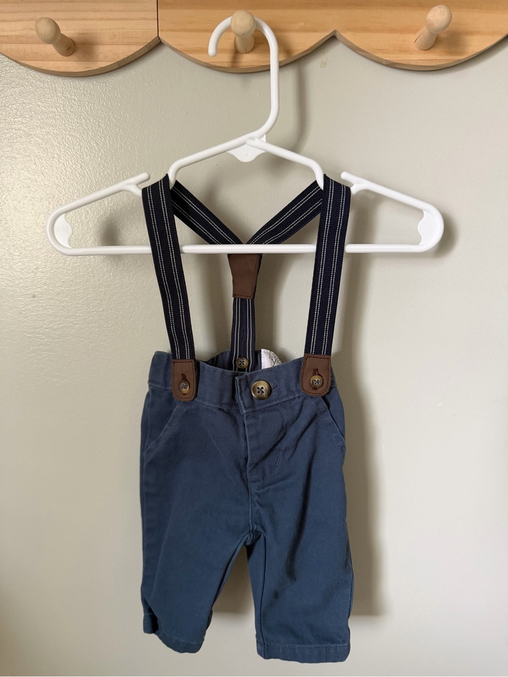 Carter's Newborn Pants Blue Cotton Suspender Solid Button Elastic Waist